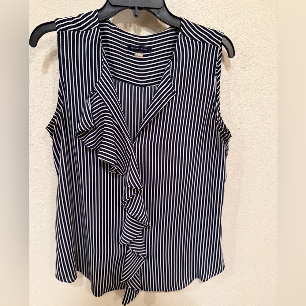 Tommy Hilfiger Navy and White Striped Ruffle Blouse